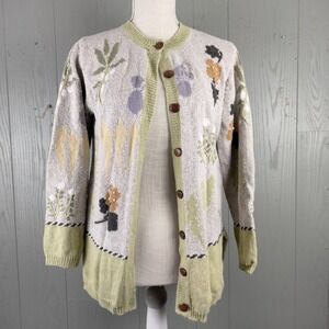 VINTAGE‎ Nan Hadden Cardigan Sweater Womens L Linen Blend Cottagecore Artsy 80s